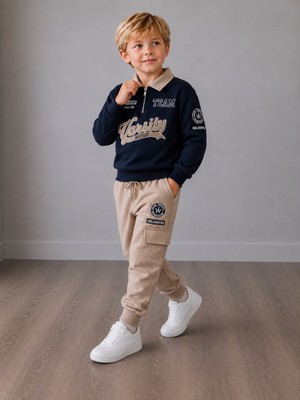 Yiğit Butik Erkek Çocuk Polo Yaka Baskılı Kargo Pantolonlu Alt Üst Takım