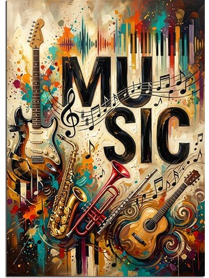 Artmeg Renkli Müzik Enstrümanlı Poster Dekoratif Kanvas - Mdf Ahşap Tablo