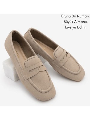 Marjin Kadın Küt Burun Günlük Loafer Heviza Bej Süet
