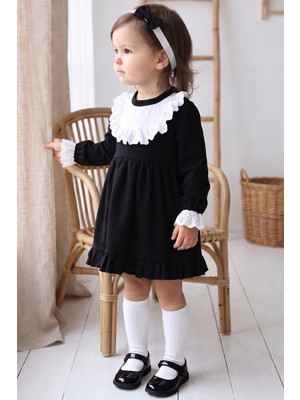 Parla Kids Kız Çocuk Ruby Siyah Uzun Kollu Dantel Detaylı Fırfırlı Elbise