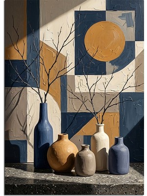 Artmeg Geometrik Güneşli Minimalist Vazo Tablosu Dekoratif Kanvas - Mdf Ahşap Tablo