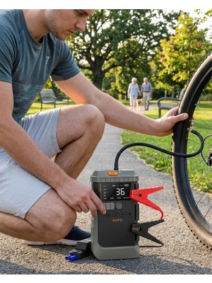 ALFA AKSESUAR 03 Araç Lastik Basınç Pompası Akü Takviye Powerbank ve Sos Işıklı Çok Fonksiyonlu Cihaz