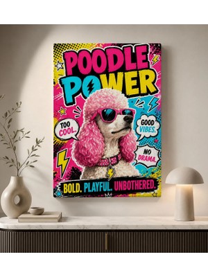 Bk Gift Poodle Power Yazılı Pembe Saçlı Güneş Gözlüklü Kaniş Pop Art Renkli Kanvas Duvar Tablosu 50X70 cm