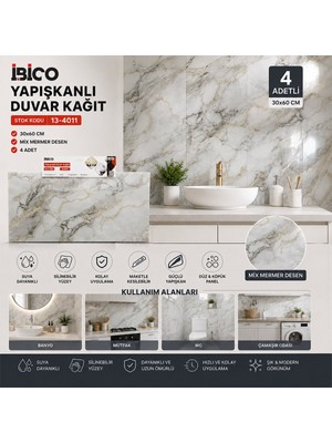 İbico Ibico İ13-085 Yapışkanlı Duvar Kağıt 30X60CM 4 Adet Panel Mix Mermer Desen Düz - 60'li Paket
