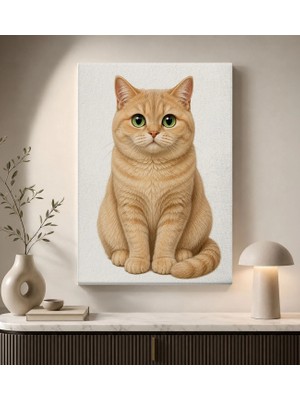 Bk Gift Yeşil Gözlü Turuncu Kedi Portresi Beyaz Fonlu Minimalist Modern Kanvas Duvar Tablosu 50X70 cm
