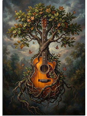 Karizma Tablo Kökleri Gitar Ağaç Heykeli Dekoratif Kanvas - Mdf Ahşap Tablo