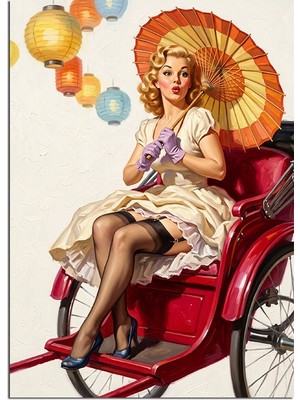 Karizma Tablo Kırmızı Bisikletli Pin-Up Kadın Dekoratif Kanvas - Mdf Ahşap Tablo