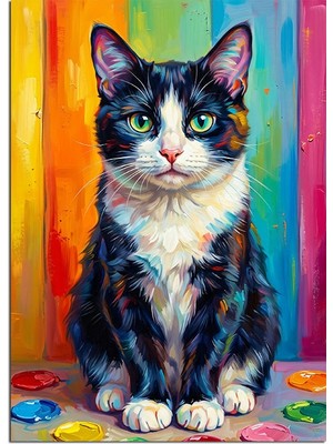 Artmeg Renkli Fonda Pop Art Kedi Dekoratif Kanvas - Mdf Ahşap Tablo