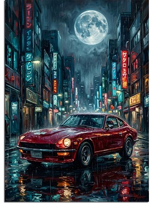 Karizma Tablo Dolunaylı Neon Tokyo Sokağı ve Kırmızı Araba Dekoratif Kanvas - Mdf Ahşap Tablo