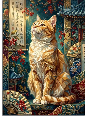 Karizma Tablo Japon Desenli Turuncu Kedi Portresi Dekoratif Kanvas - Mdf Ahşap Tablo