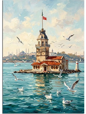 Karizma Tablo Boğazda Kız Kulesi Martılı Manzara Dekoratif Kanvas - Mdf Ahşap Tablo