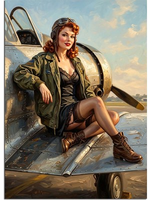 Karizma Tablo Uçak Kanadında Pilot Kıyafetli Pinup Kız Dekoratif Kanvas - Mdf Ahşap Tablo