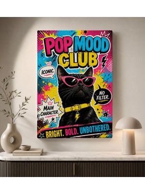 Bk Gift Pop Mood Club Yazılı Güneş Gözlüklü Siyah Kedi Pop Art Renkli Kanvas Duvar Tablosu 50X70 cm