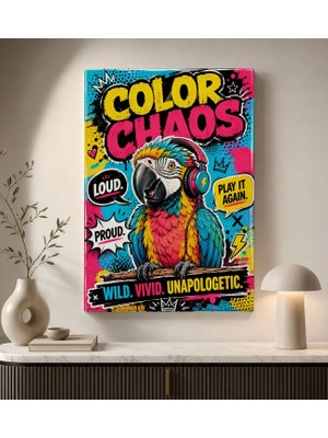 Bk Gift Color Chaos Yazılı Kulaklıklı Renkli Papağan Pop Art Eğlenceli Kanvas Duvar Tablosu 50X70 cm