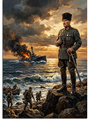 Karizma Tablo Kayalıkta Atatürk ve Çanakkale Savaşı Dekoratif Kanvas - Mdf Ahşap Tablo