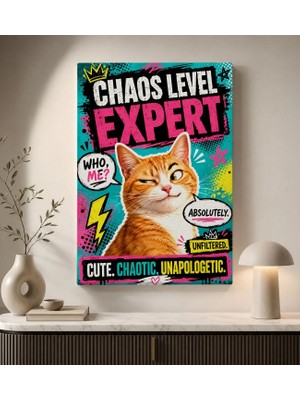 Bk Gift Chaos Level Expert Yazılı Turuncu Kedi Pop Art Eğlenceli ve Renkli Kanvas Duvar Tablosu 50X70 cm