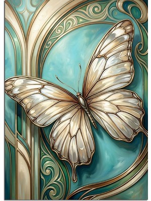 Karizma Tablo Mavi Fonda Beyaz Kelebek Art Nouveau Dekoratif Kanvas - Mdf Ahşap Tablo