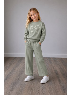 Yiğit Butik Kız Çocuk Inci Fiyonk Detaylı Sweatshirt Bol Paça Pantolon Alt Üst Takım