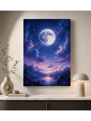 Bk Gift Dolunay ve Yıldızlı Gökyüzü Dağ Göl Manzaralı Fantastik Gece Kanvas Duvar Tablosu 50X70 cm