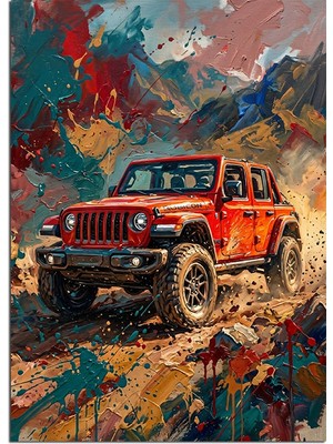Karizma Tablo Çölde Kırmızı Jeep Arazi Aracı Dekoratif Kanvas - Mdf Ahşap Tablo