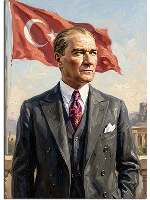 Karizma Tablo Türk Bayraklı Takım Elbiseli Atatürk Dekoratif Kanvas - Mdf Ahşap Tablo