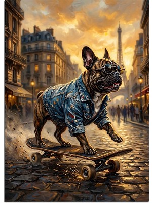 Karizma Tablo Kaykaylı Kot Ceketli Bulldog Paris Dekoratif Kanvas - Mdf Ahşap Tablo