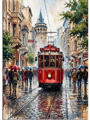 Karizma Tablo Yağmurlu Taksim Tramvay ve Galata Kulesi Dekoratif Kanvas - Mdf Ahşap Tablo