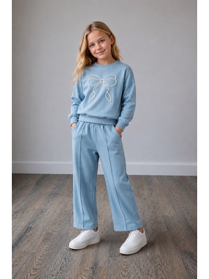 Yiğit Butik Kız Çocuk Inci Fiyonk Detaylı Sweatshirt Bol Paça Pantolon Alt Üst Takım