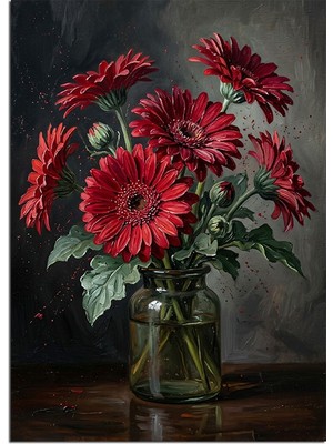 Karizma Tablo Kırmızı Gerbera Çiçeği Vazoda Buket Dekoratif Kanvas - Mdf Ahşap Tablo