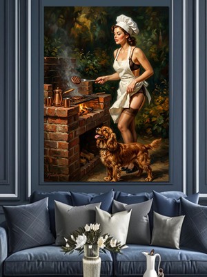 Karizma Tablo Mangalda Köpekli Pinup Kadın Barbekü Dekoratif Kanvas - Mdf Ahşap Tablo