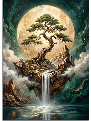 Karizma Tablo Dolunaylı Şelaleli Bonsai Ağaç Adası Dekoratif Kanvas - Mdf Ahşap Tablo
