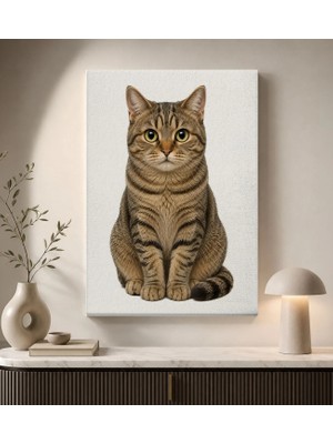 Bk Gift Büyük Gözlü Tekir Kedi Portresi Beyaz Fonlu Sevimli Minimalist Modern Kanvas Duvar Tablosu 50X70 cm