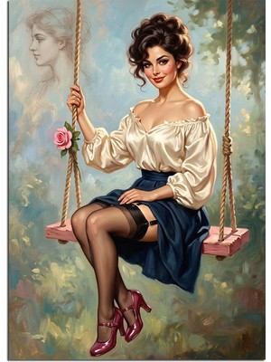 Artmeg Salıncakta Oturan Retro Pinup Kız Dekoratif Kanvas - Mdf Ahşap Tablo