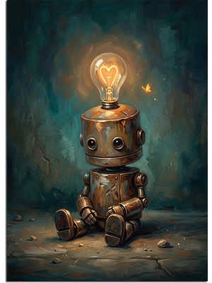 Karizma Tablo Ampul Kafalı Sevimli Robot Dekoratif Kanvas - Mdf Ahşap Tablo