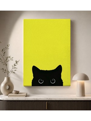 Bk Gift Sarı Fonlu Meraklı Siyah Kedi Silüeti Minimalist Eğlenceli Modern Kanvas Duvar Tablosu 50X70 cm