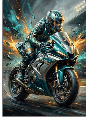 Karizma Tablo Yarış Pisti Mavi Motosiklet Sürücüsü Dekoratif Kanvas - Mdf Ahşap Tablo