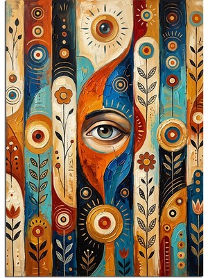 Artmeg Geometrik Gözlü Soyut Yüz Sanatı Dekoratif Kanvas - Mdf Ahşap Tablo