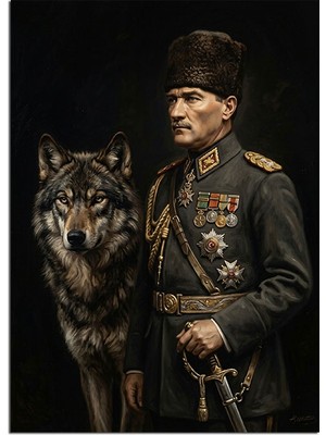 Karizma Tablo Kurtlu Atatürk Askeri Portresi Dekoratif Kanvas - Mdf Ahşap Tablo
