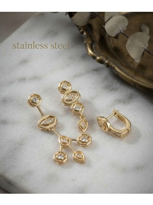 Stainless Steel Pirinç Zirkon Taşlı Geometrik Model Gold Renk 3'lü Küpe Set