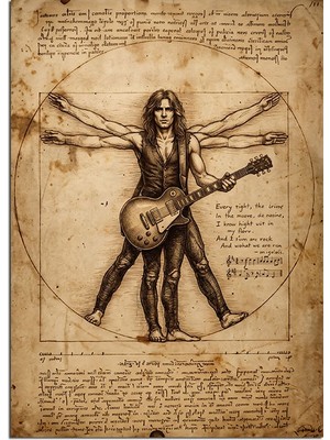 Artmeg Vitruvius Adam Gitarlı Rock Çizimi Dekoratif Kanvas - Mdf Ahşap Tablo
