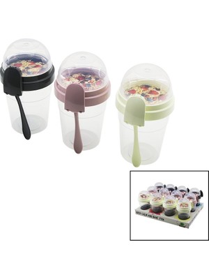 Qlux Ideas Qlux L-00812 To Go Contaıner Kabı 600ML 2 Bölmeli Müsli Yoğurt Plastik Kaşıklı - 24'li Paket