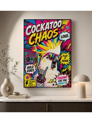 Bk Gift Cockatoo Chaos Yazılı Güneş Gözlüklü Kakadu Papağan Pop Art Renkli Kanvas Duvar Tablosu 50X70 cm