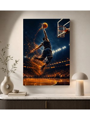 Bk Gift Basketbol Smaç Anı Ateş Efektli Sporcu ve Potaya Atlayış Temalı Kanvas Duvar Tablosu 50X70 cm