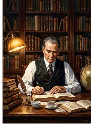 Karizma Tablo Kütüphanede Kitap Okuyan Atatürk Portresi Dekoratif Kanvas - Mdf Ahşap Tablo