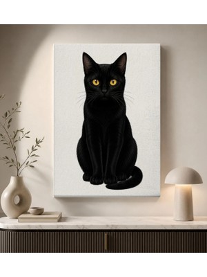Bk Gift Sarı Gözlü Siyah Kedi Portresi Beyaz Fonlu Minimalist Modern Kanvas Duvar Tablosu 50X70 cm