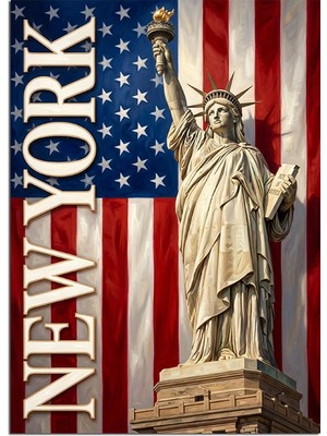 Karizma Tablo New York Özgürlük Anıtı ve Bayrak Dekoratif Kanvas - Mdf Ahşap Tablo