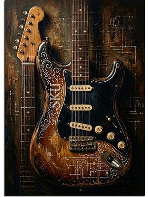 Artmeg Duvara Yaslı Elektro Gitar Dekoratif Kanvas - Mdf Ahşap Tablo