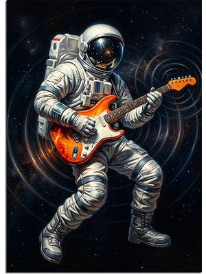 Artmeg Uzayda Elektro Gitar Çalan Astronot Dekoratif Kanvas - Mdf Ahşap Tablo