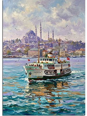 Karizma Tablo Boğazda Vapur Istanbul Manzarası Dekoratif Kanvas - Mdf Ahşap Tablo