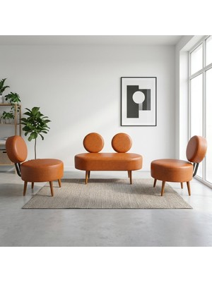 Azra Mobilya Dünya 2+1+1 Deri Kumaş Ofis & Büro Iş Yeri Bekleme Koltuğu Takımı – Ahşap Ayak  - Taba